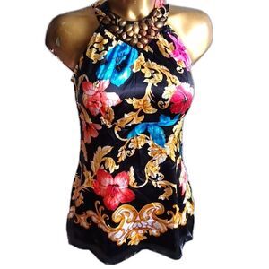 Vintage Cache Silk Beaded Halter Top Floral Baroque Glam Size S Y2K Vacation